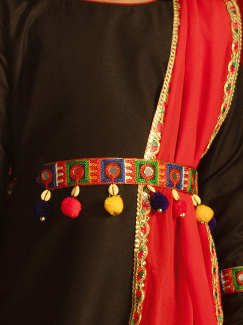 Girl's' Navratri Special Black Anarkali Kurta With Red Dupatta Set